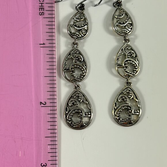 Silver Tone Earrings Triple Tier Teardrop Dangle Open Work Ornate 2.5" Drop - Picture 6 of 7
